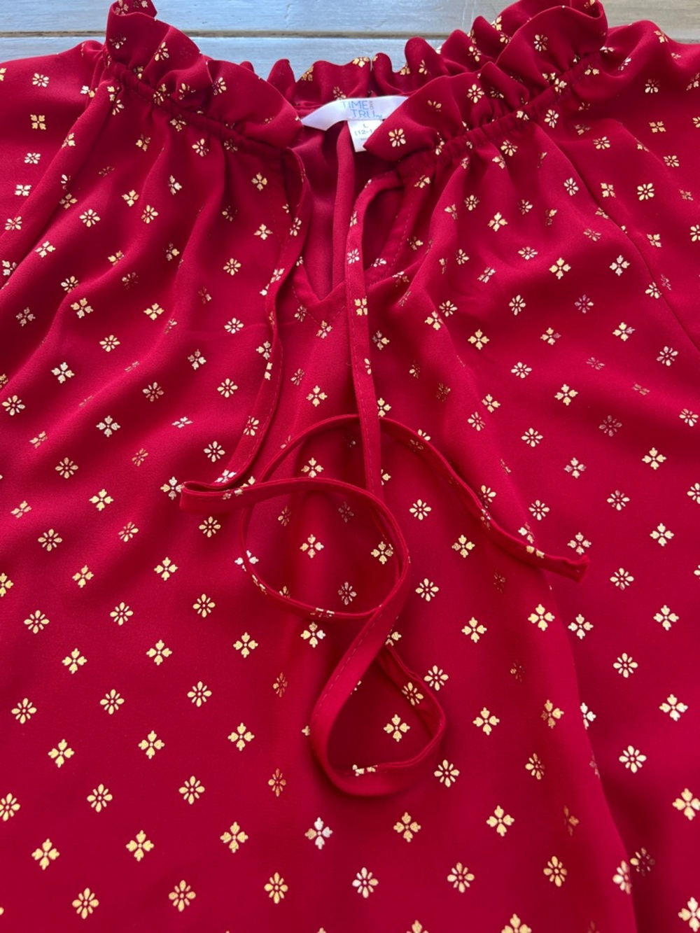 Time and Tru Red Tie-Neck Long-Sleeve Blouse with Gold Dot Print - Picture 5 of 13